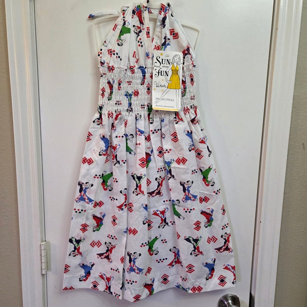Sun and Fun Wear Vintage Style Kids Halter Dress Novelty Dancer Print White OSFA
